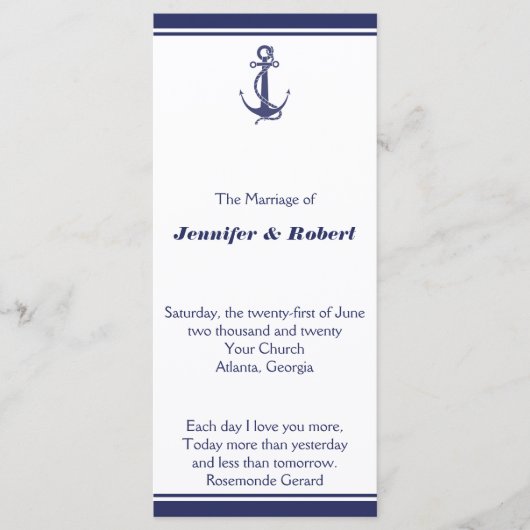 Nautical Anchor on Navy Wedding Programme Programma (Voorkant)