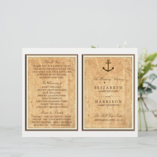 Nautical Anchor Paper Wedding Programme (Staand voorkant)