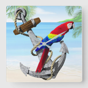 Nautical Anchor Parrot Vierkante Klok