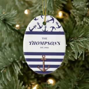 Nautical Anchor Pattern Navy Stripes Familienaam Keramisch Ornament