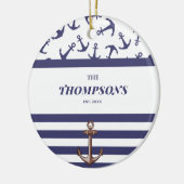 Nautical Anchor Pattern Navy Stripes Familienaam Keramisch Ornament (Links)