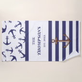 Nautical Anchor Pattern Navy Stripes Familienaam Strandlaken (Voorkant)