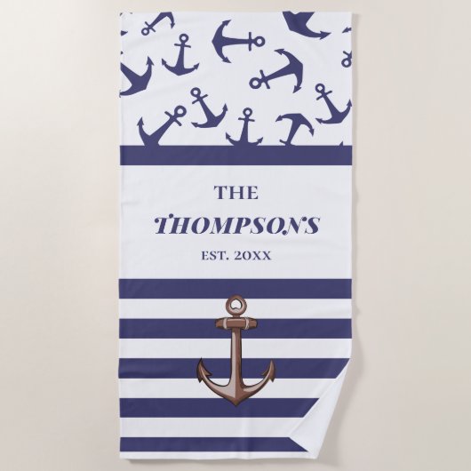 Nautical Anchor Pattern Navy Stripes Familienaam Strandlaken (Voorkant)