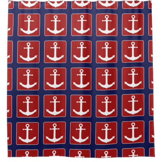 Nautical Anchor Pattern Red White en Navy Blue Douchegordijn (Voorkant)
