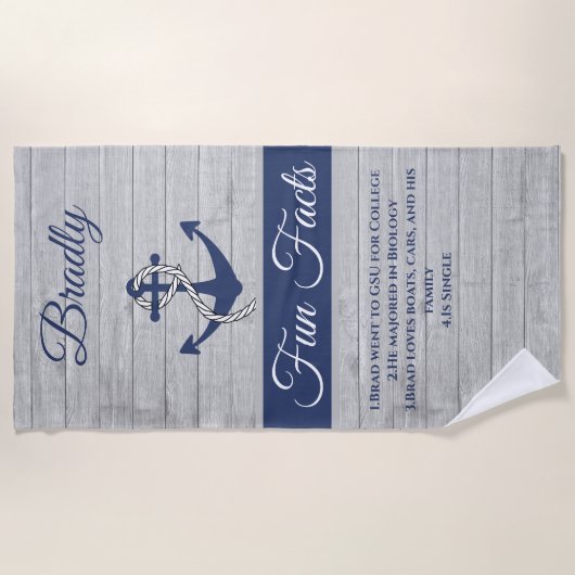 Nautical Anchor Personalized Navy Blue Fun Facts Strandlaken (Voorkant)