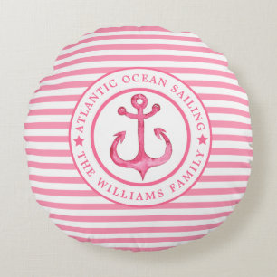 Nautical Anchor Pink Striped Personated Pillow Rond Kussen