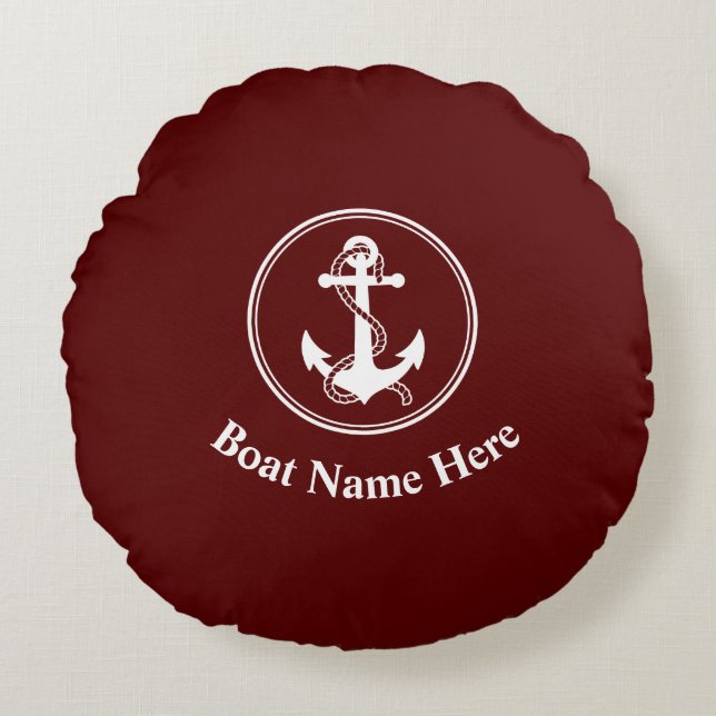 Nautical Anchor Rope Boat Name Deep Red Rond Kussen (Voorkant)