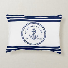 Nautical Anchor & Rope Boat Name Navy Blue & White Accent Kussen