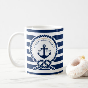 Nautical Anchor & Rope Boat Name Navy Blue & White Koffiemok