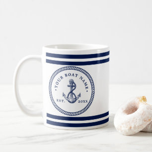 Nautical Anchor & Rope Boat Name Navy Blue & White Koffiemok