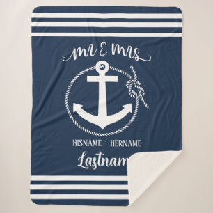 Nautical Anchor Rope Navy Blue Mr. & Mrs. Sherpa Deken