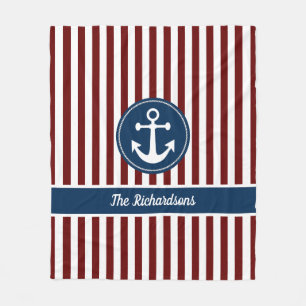 Nautical Anchor Rope Navy Red White Stripes - Aang Fleece Deken