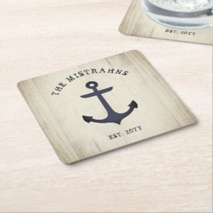 Nautical Anchor Rustic Wood Boat Name Square Paper Vierkante Kartonnen Onderzetter