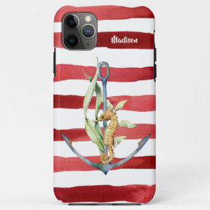 Nautical Anchor Seahorse and Stripes with Name iPhone 11 Pro Max Hoesje