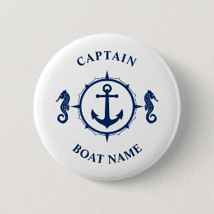 Nautical Anchor Seahorse Captain Boat Name Navy Ronde Button 5,7 Cm