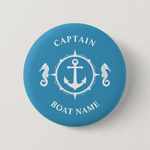 Nautical Anchor Seahorse Kapitein Boat Name Blue Ronde Button 5,7 Cm