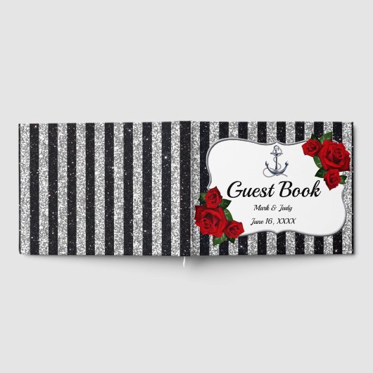 Nautical Anchor Silver Black Stripes Weddenschap Gastenboek (Volledig)