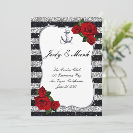 Nautical Anchor Silver Black Stripes Weddenschap Menu (Staand voorkant)