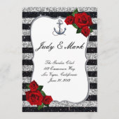 Nautical Anchor Silver Black Stripes Weddenschap Menu (Voorkant)