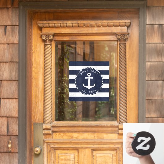 Nautical Anchor Square Navy Blue & White Boat Name Raamsticker (Huis Deur)