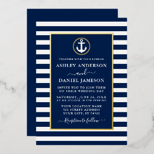 Nautical Anchor Stripes Wedding Blue Gold Folie Uitnodiging