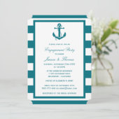Nautical Anchor Turquoise Stripe Engagement Party Kaart (Staand voorkant)
