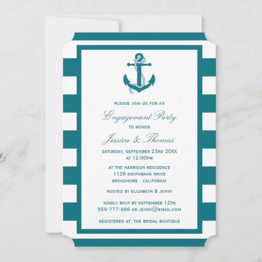 Nautical Anchor Turquoise Stripe Engagement Party Kaart (Voorkant)
