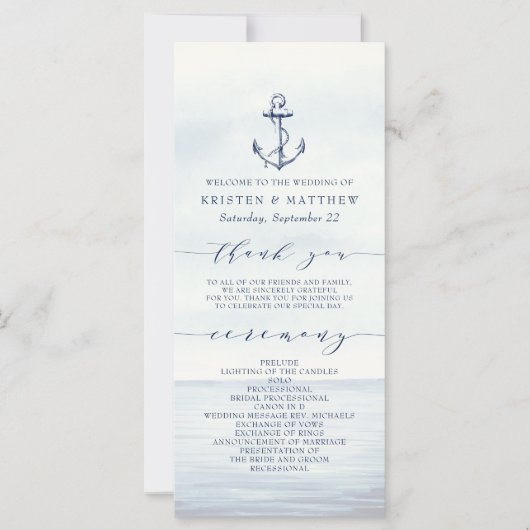 Nautical Anchor Waterverf Ocean Wedding Programme (Voorkant)