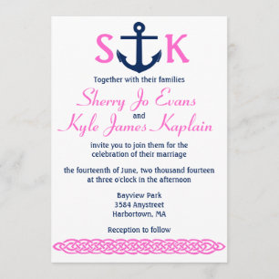 Nautical Anchor Wedding Invitation Navy and Pink Kaart