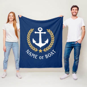Nautical Anchor Your Boat Name Gold Laurel Navy Fleece Deken