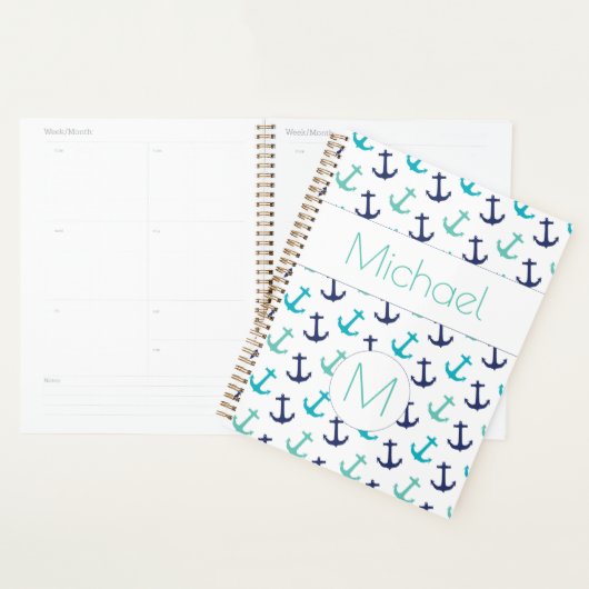 Nautical Anchors Blue Trendy Monogram Planner (Display)
