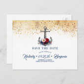 Nautical Anker Navy Blauw en Rood Save the Date Aankondigingskaart (Voorkant / Achterkant)