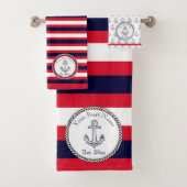 Nautical Anker Navy Blauw Wit Rood Strepen Bad Handdoek (Insitu)