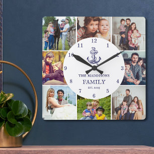Nautical Anker Navy Blauwe Familie 8 Foto Collage Vierkante Klok