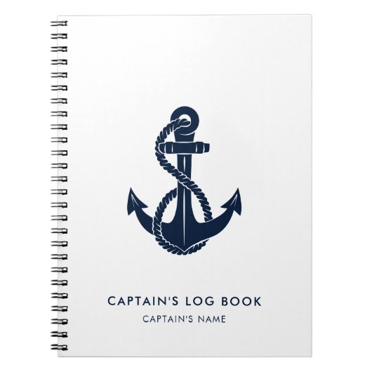 Nautical Anker Navy Blue Bootnaam Captain Log Notitieboek (Voorkant)