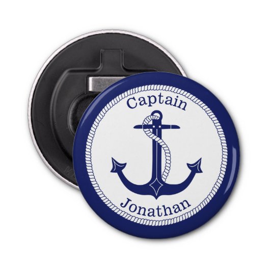 Nautical Anker Navy Blue Captain gepersonaliseerd Button Flesopener (Voorkant)