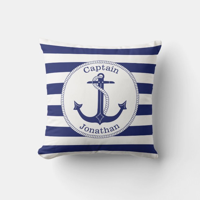 Nautical Anker Navy Blue Captain gepersonaliseerd Kussen (Voorkant)