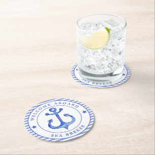 Nautical Anker & Navy Blue Gestreept w. Bootnaam Ronde Kartonnen Onderzetter