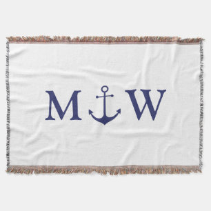 Nautical anker navyblauw wit koppel monogram deken