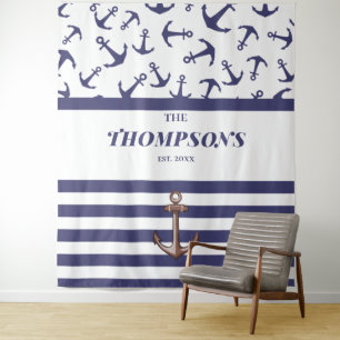 Nautical Anker Patroon Navy Strepen Familienaam Wandkleed