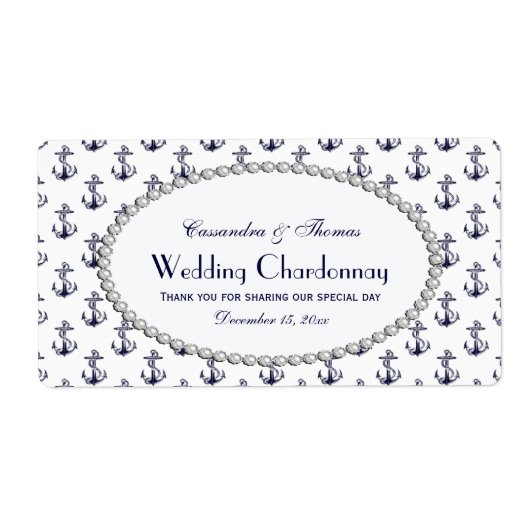 Nautical Anker Patroon Parel 2H Wijnflesje Label (Voorkant)