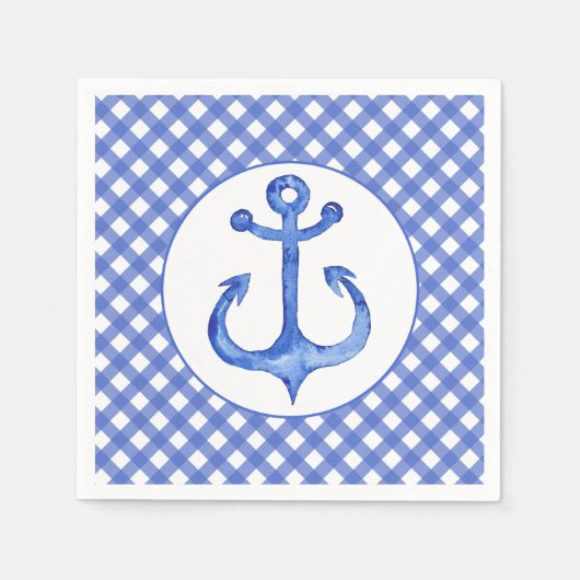 Nautical Anker Thema - Navy Blauw Geruite Papieren Servetten (Voorkant)
