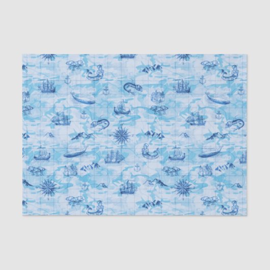 Nautical Antiek Map Zee Monsters Ship Anchor Blue Tissuepapier (Voorkant)