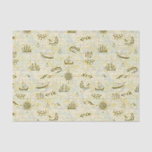 Nautical Antiek Map Zee Monsters verschepen Anchor Tissuepapier (Voorkant)