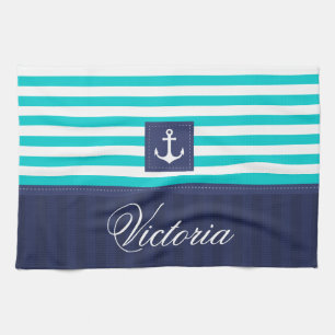 Nautical Aqua Blue Stripes Anchor Personalized Theedoek