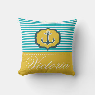 Nautical Aqua Blue Yellow Stripes Anker Custom Kussen