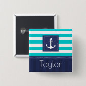 Nautical Aqua Navy Stripes Persoonlijke naam Vierkante Button 5,1 Cm (Voorkant /achterkant)