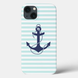 Nautical Aqua & White Stripes Navy Blue Anchor iPhone 13 Hoesje