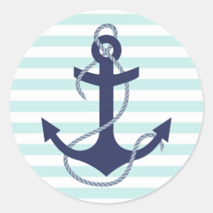 Nautical Aqua & White Stripes Navy Blue Anchor Ronde Sticker