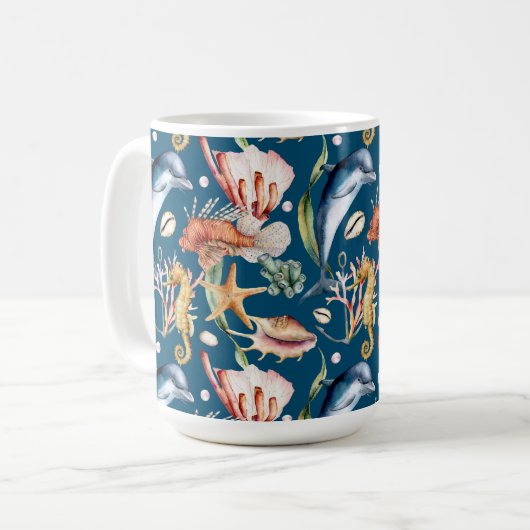 Nautical Aquatic Life Pattern / Blue Coffee Mok (Voorkant links)